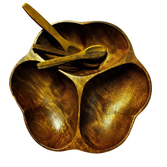 Carved wood 3-section snack serving tray bowl & matching mini wooden spoons set - Picture 3 of 8